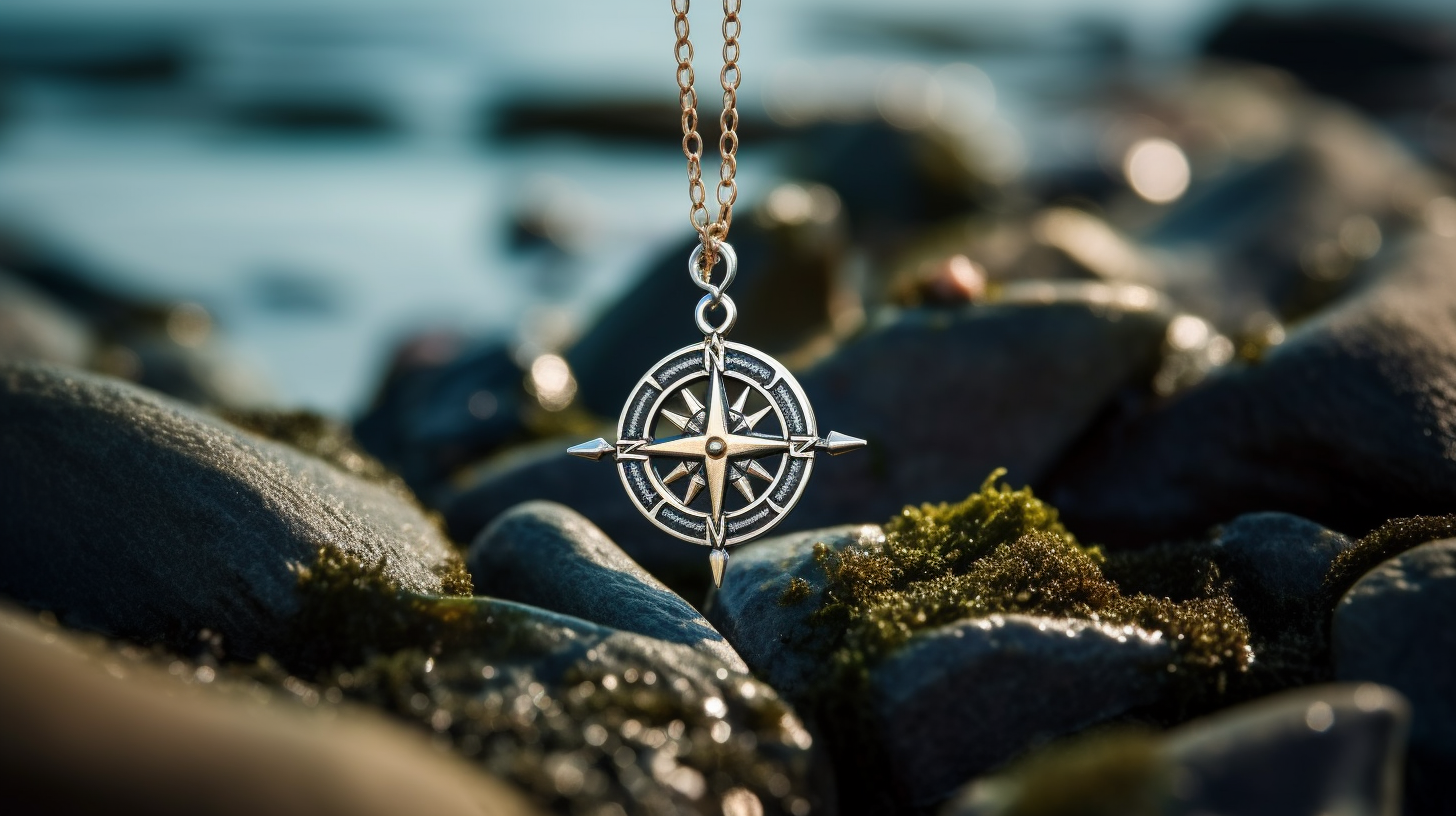 A silver compass necklace dangles above beach pebbles, symbolizing guidance and adventure, with sunlight reflecting off the water.