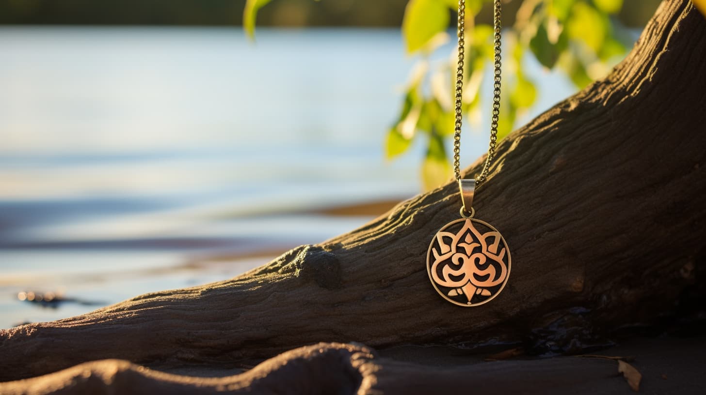 A serene Om symbol necklace rests gently on a weathered driftwood backdrop, bathed in soft light. The timeless emblem, revered in spiritual traditions, dangles from a delicate chain, symbolizing universal harmony and the rhythmic pulse of the cosmos. It's a wearable reflection of inner peace and a connection to the cyclical nature of existence, placed against the tranquil shores of introspection.