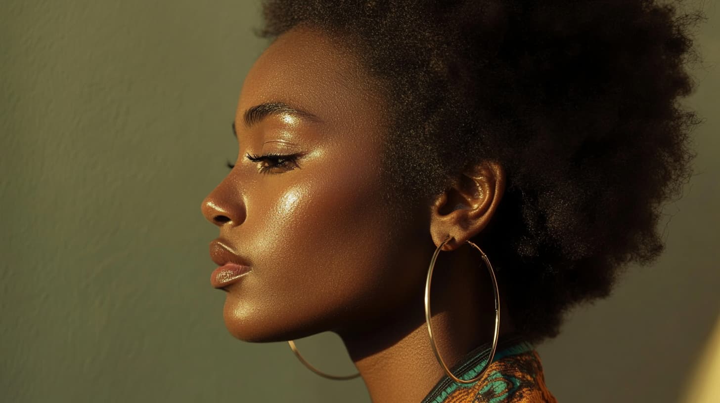 Woman with an oval face shape wearing large gold hoop earrings, showcasing the best jewelry style for balanced proportions.