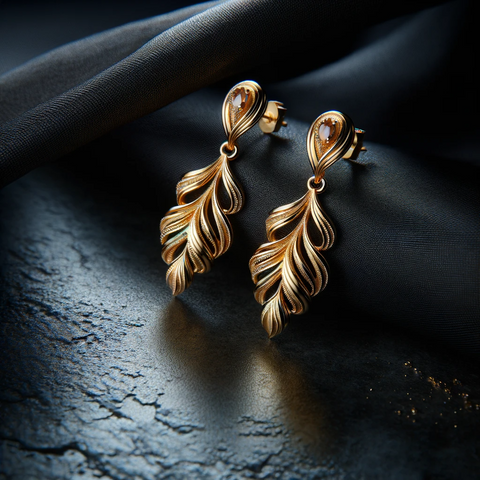 A pair of sophisticated 16k gold earrings displayed against a dark, elegant background.