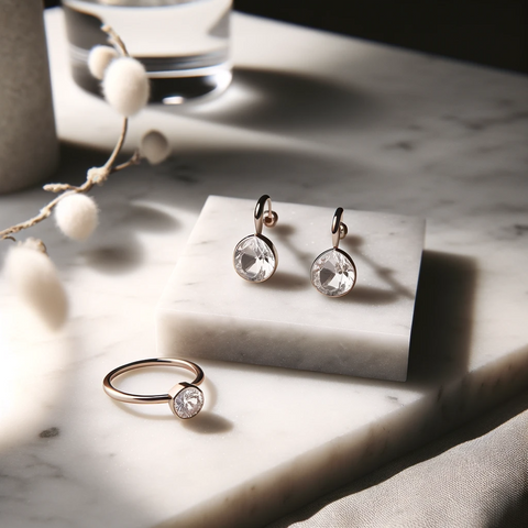 The earrings feature a simple yet sophisticated design, while the ring is subtly elegant with a single gemstone.