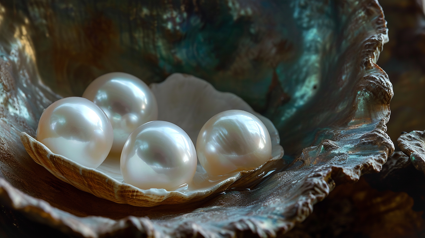 Lustrous pearl birthstone nestled in a textured oyster shell, symbolizing June birthstone.