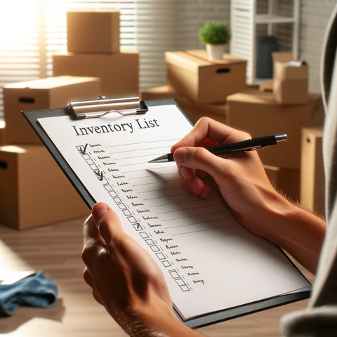 A scene showing a person creating an inventory list on a clipboard, with moving boxes in the background.