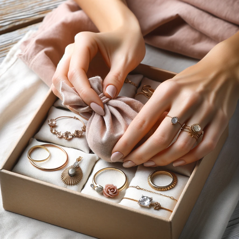 A person carefully wrapping individual pieces of jewelry in soft cloth before placing them in a box.