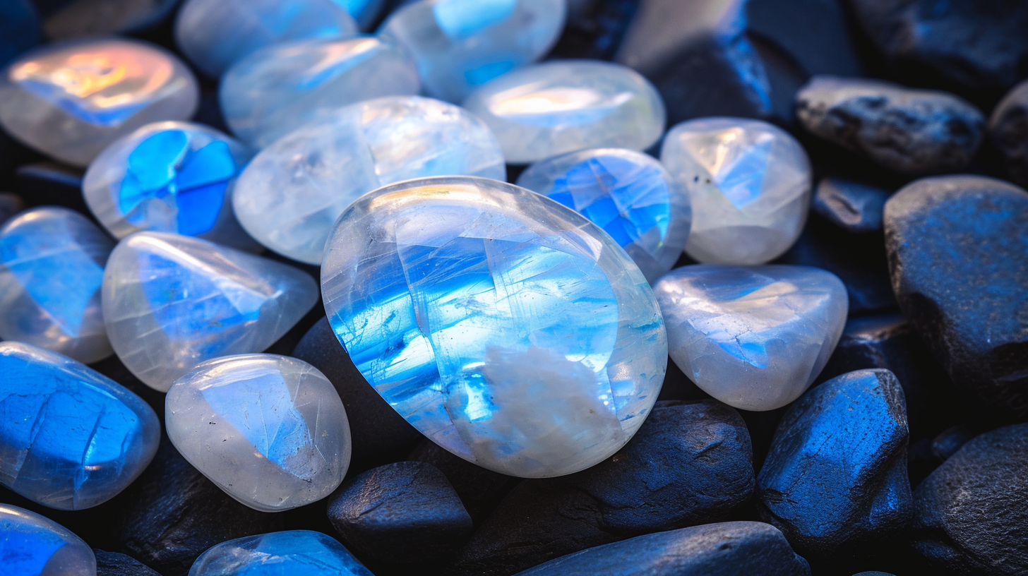 Translucent polished moonstone gemstones with blue sheen, scattered on dark pebbles.
