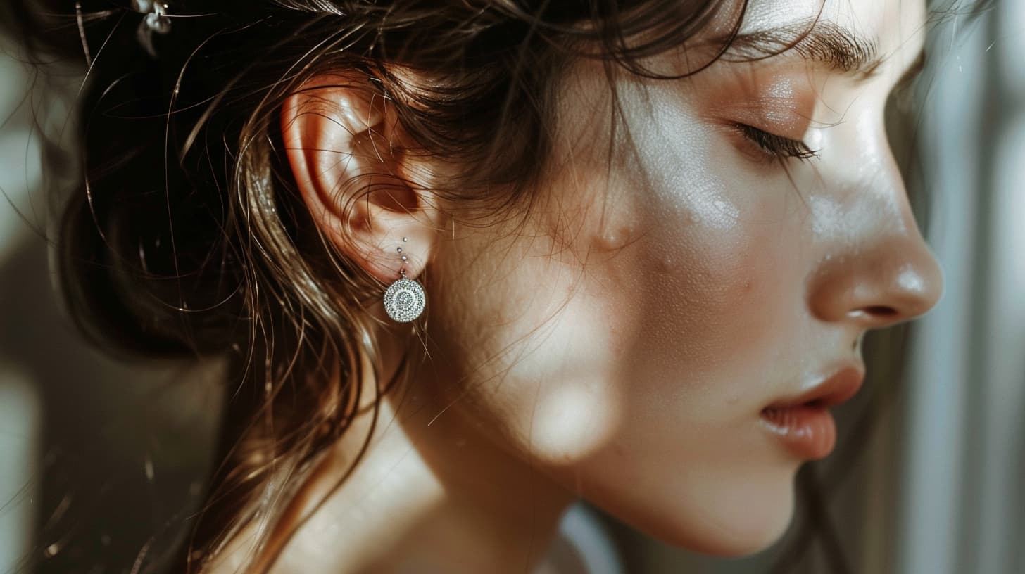 Profile view of woman showing healed ear piercing with earrings