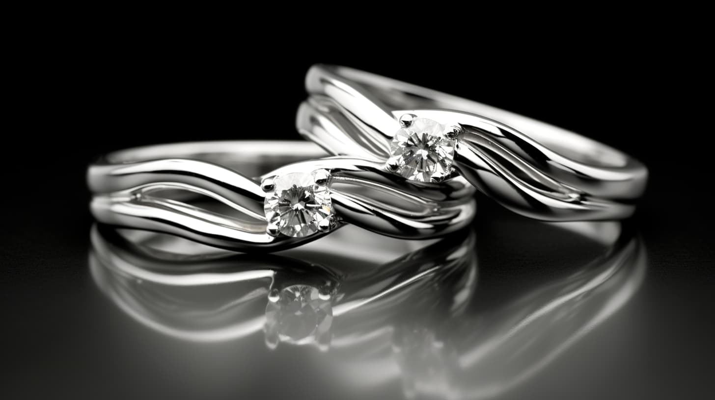 A pair of silver promise rings, exquisitely crafted with a fluid, intertwining design, cradling single, sparkling diamonds. Reflecting off a dark, polished surface, they represent the diverse meanings of commitment: from the promise of future marriage to a symbol of love and fidelity. These rings are personal tokens of a bond shared between individuals, a testament to their unique relationship and mutual dedication.