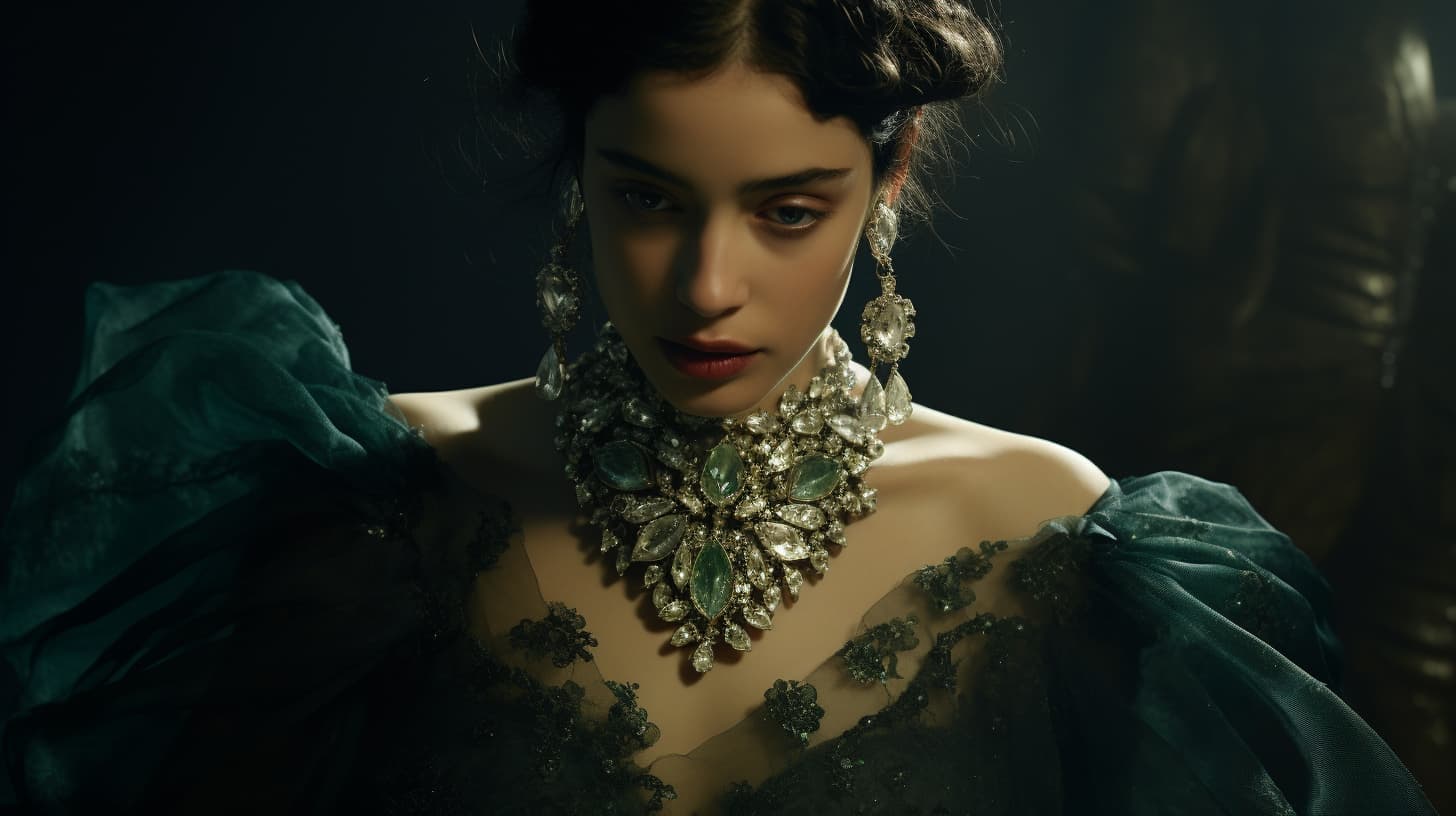 A portrait of a woman adorned with an opulent crystal and gemstone necklace and matching earrings, invoking the question of personal jewelry preferences when selecting a gift.