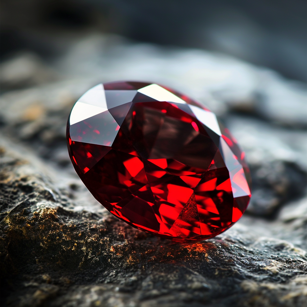 Rich and lustrous cut red garnet gemstone, epitomizing classic elegance and passion, ideal for timeless and romantic jewelry designs.