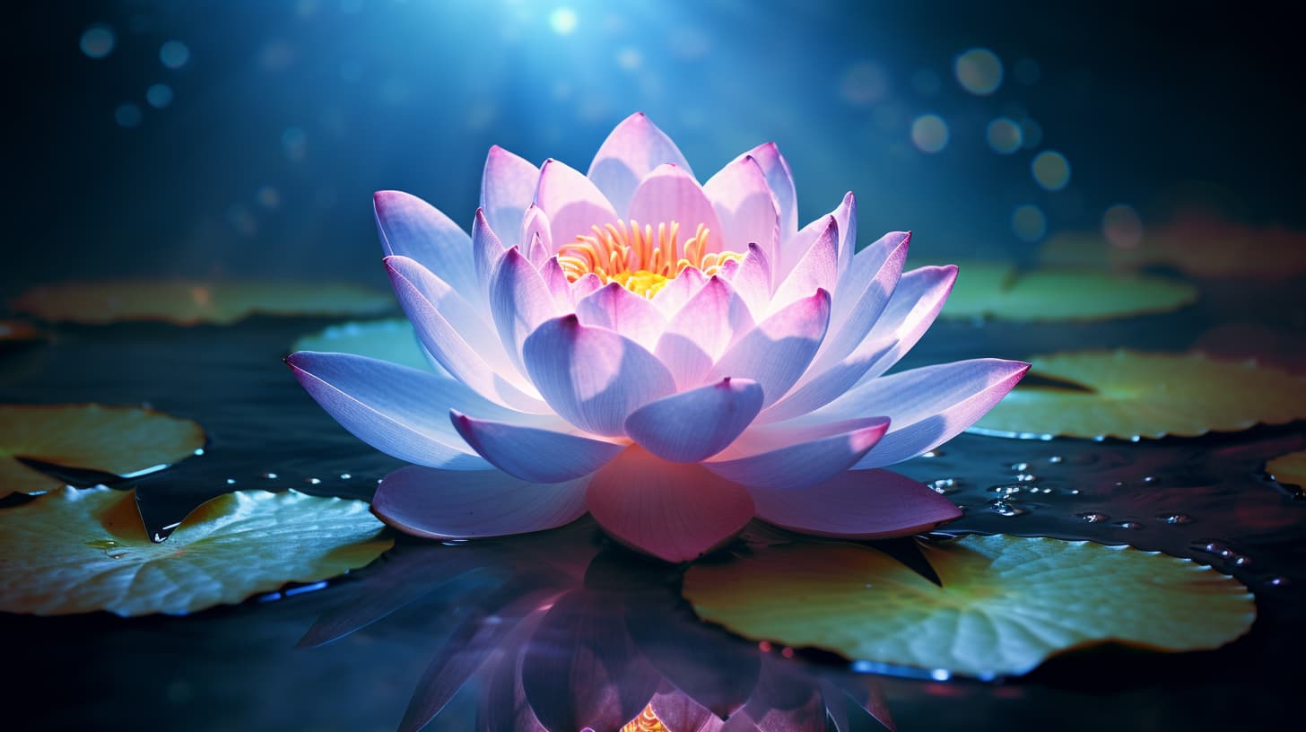 A radiant lotus flower emerging from murky waters under a mystical night sky, symbolizing purity, spiritual awakening, and the human journey from adversity to enlightenment.