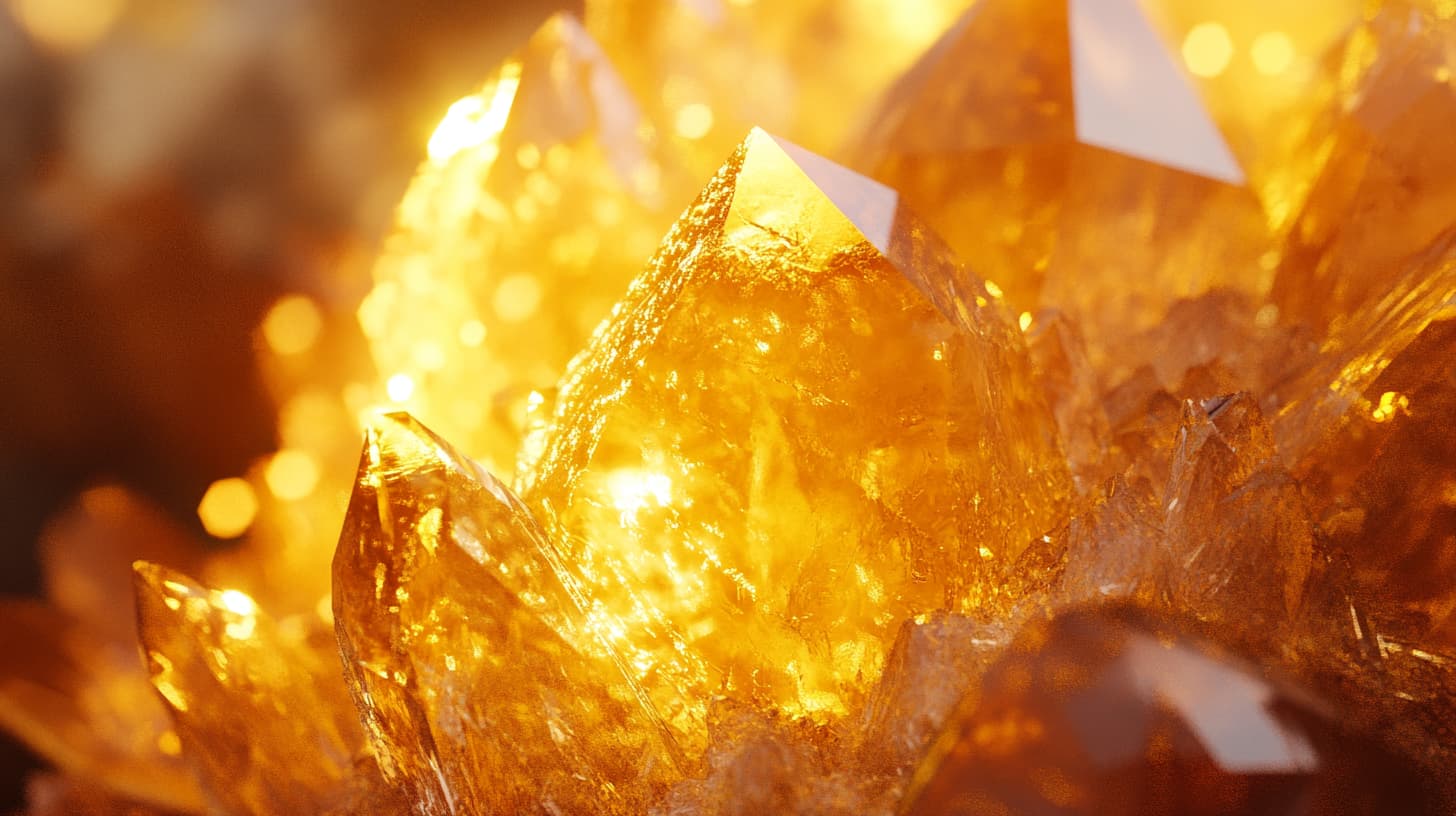 Shining golden citrine crystals, showcasing the sunny hue and brilliant clarity associated with citrine, the modern November birthstone, believed to bring happiness and energy