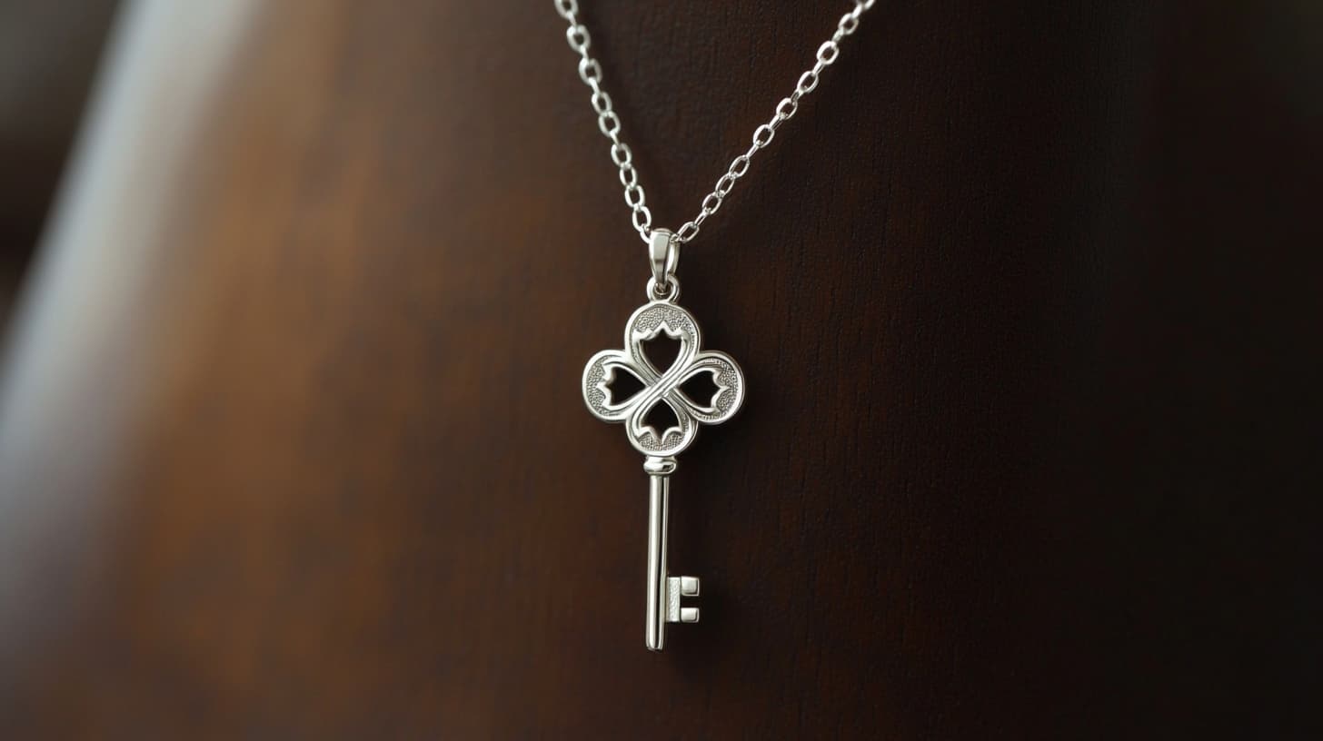 Silver antique key pendant necklace symbolizing opportunity and unlocking new possibilities.