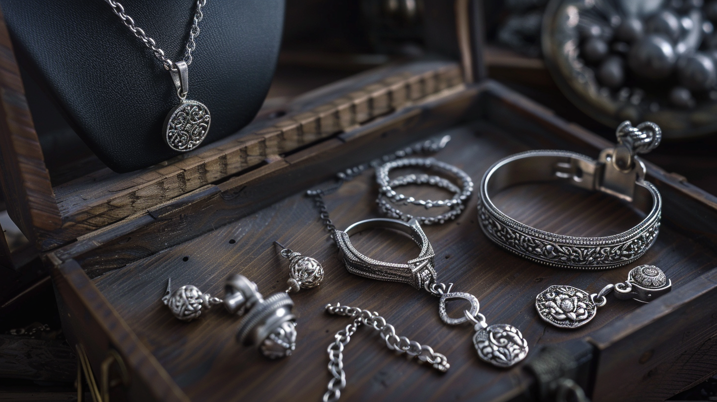 Artistic display of silver jewelry including necklaces and bracelets with intricate designs, highlighting the sophisticated allure of silver.