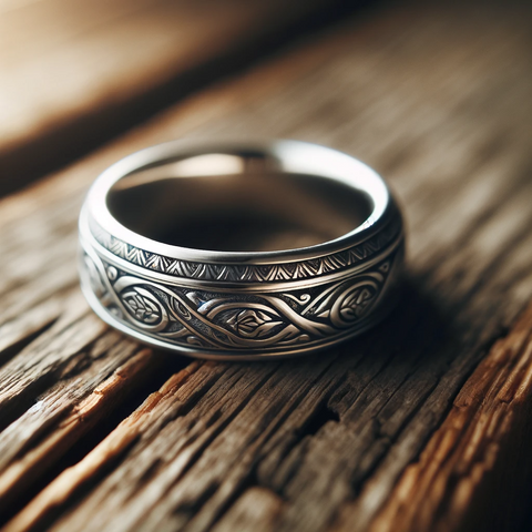 A close-up image of a silver wedding ring with intricate Nordic-inspired engravings.