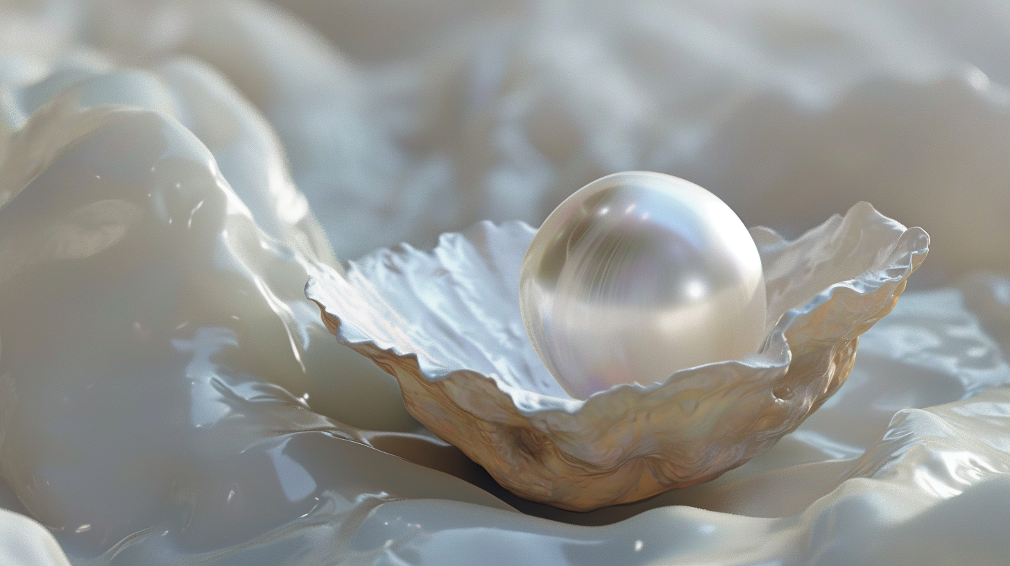 A single shiny pearl resting in a natural seashell on a smooth surface.