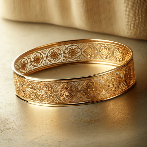 A sophisticated 21k gold bangle featuring an intricate, lace-like design