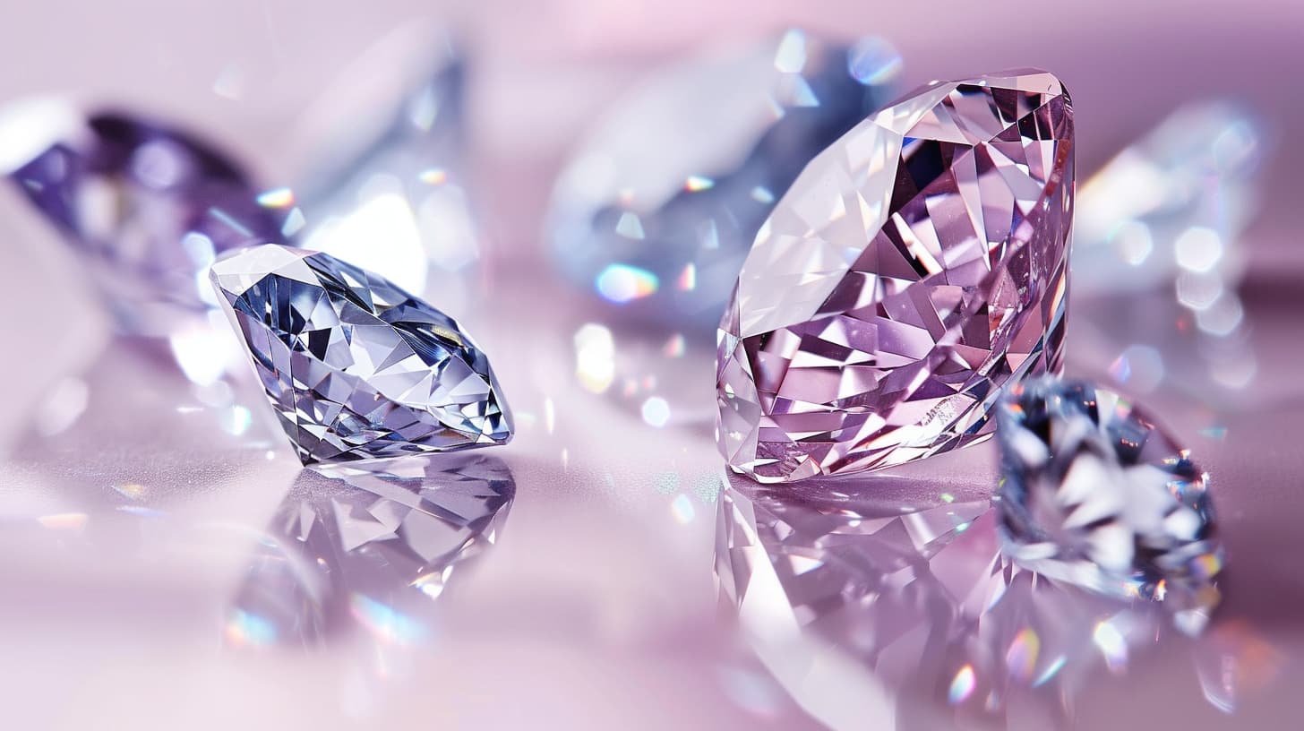 Close-up of sparkling cut diamonds scattered on a reflective pink surface, illustrating various diamond cuts and clarity.