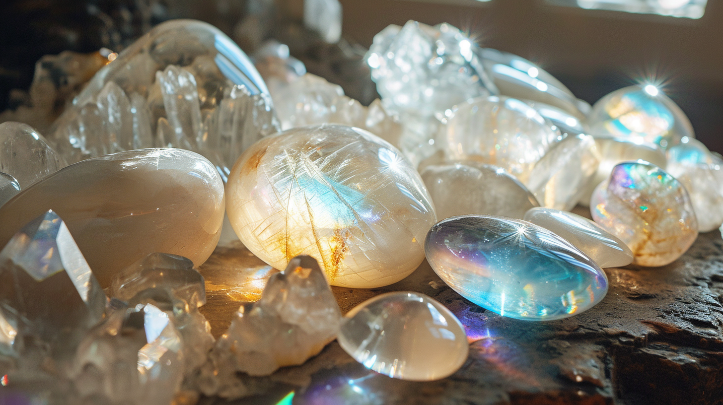Sparkling moonstone crystal clusters with iridescent reflections on a dark background.