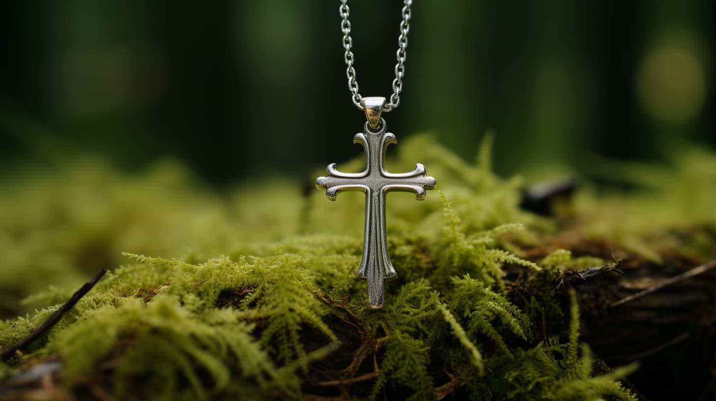 This image captures a silver cross pendant suspended above a bed of soft moss, exuding a serene and contemplative aura. The cross, with its clean lines and uniform contours, stands out with a certain grace against the natural backdrop. It's a symbol that resonates deeply across various cultures, primarily representing faith and spirituality in Christianity. Such a necklace is often chosen for its personal significance, reflecting the wearer's beliefs and values. The setting suggests a peaceful coexistence with nature, hinting at the wearer's introspective and perhaps contemplative nature.