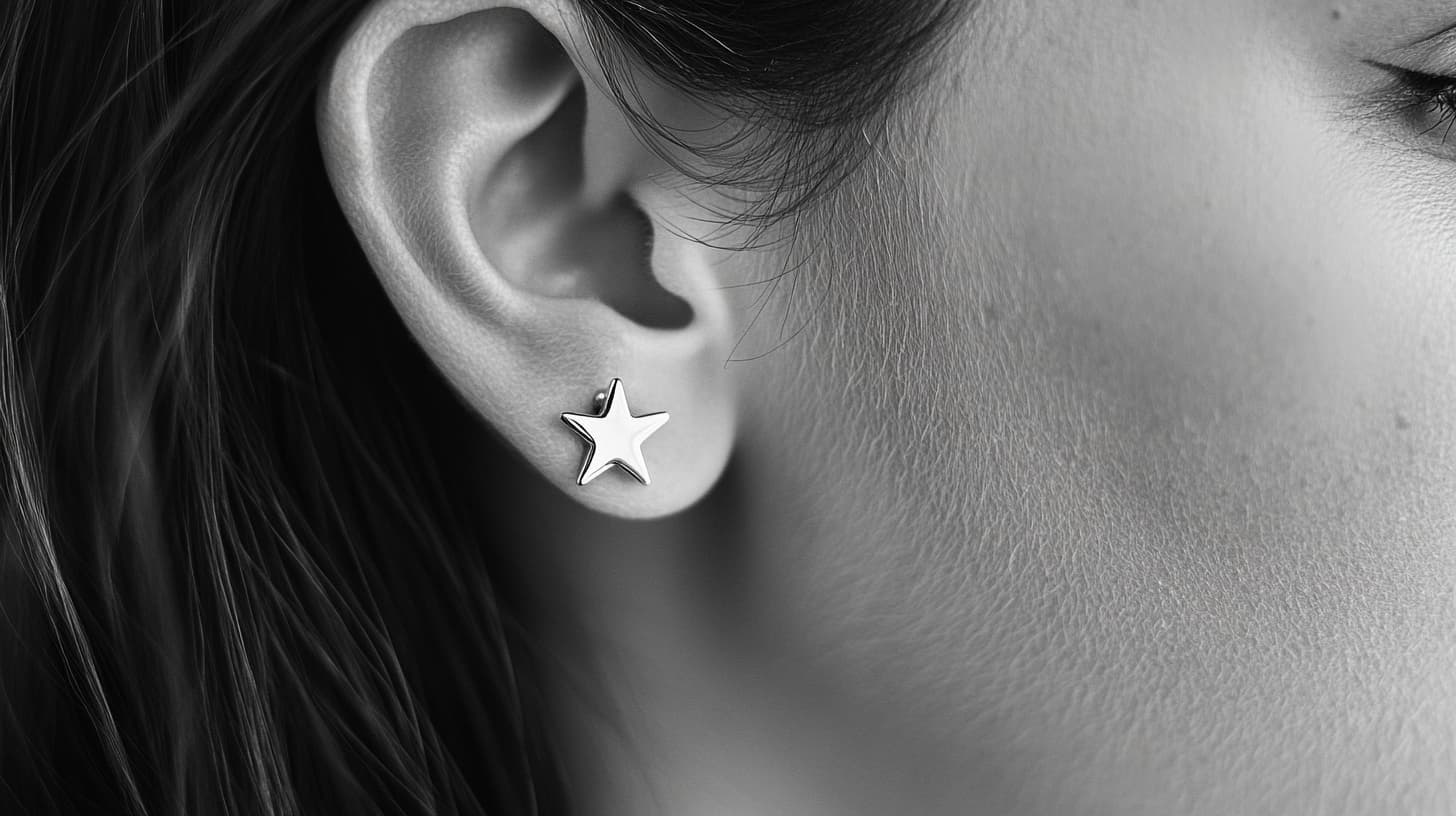 Close-up of a silver star-shaped stud earring, symbolizing guidance and celestial beauty in minimalist jewelry design.