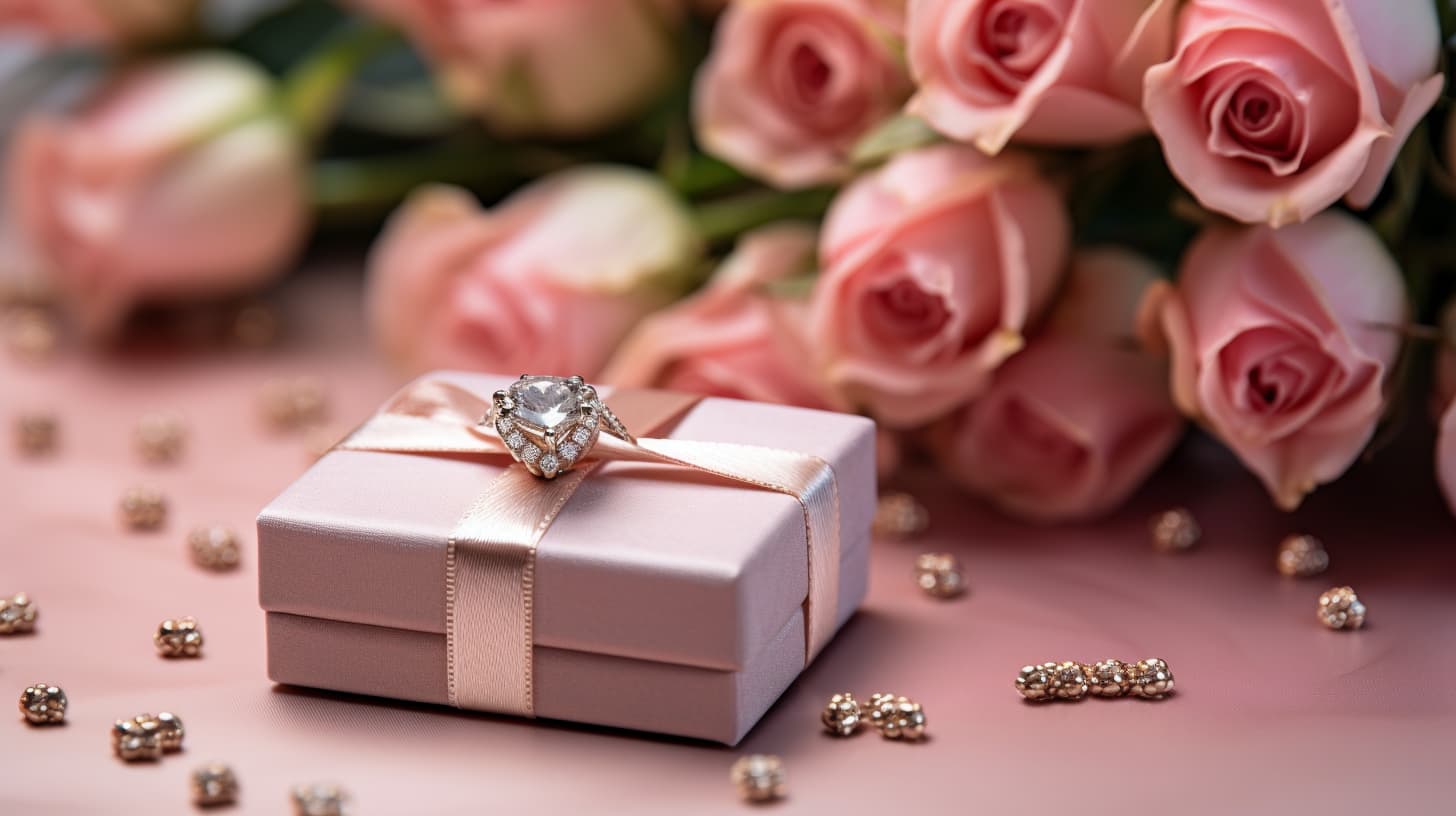 An elegant engagement ring presented on a satin gift box, surrounded by a romantic arrangement of soft pink roses, symbolizing a special moment of commitment or celebration.