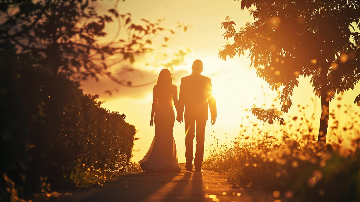 Alt text: Silhouette of a couple holding hands while walking down a romantic path at sunset, reflecting the enduring love celebrated with Nobbier's anniversary jewelry.