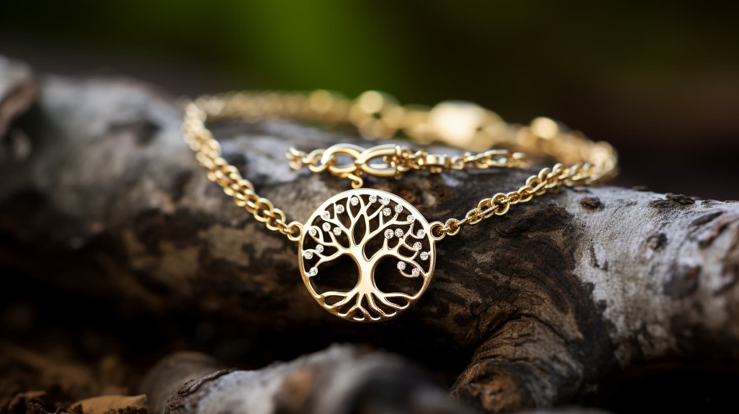 Draped over an ancient, gnarled branch, a Tree of Life bracelet glimmers with vitality. Its gold chain and pendant, punctuated by sparkling accents, evoke a sense of continuity and growth. This emblematic piece, resting in nature, is a reminder of life's cyclic nature and the enduring bonds of kinship and evolution. It's a wearable talisman of life's endless possibilities and the wearer's personal journey.
