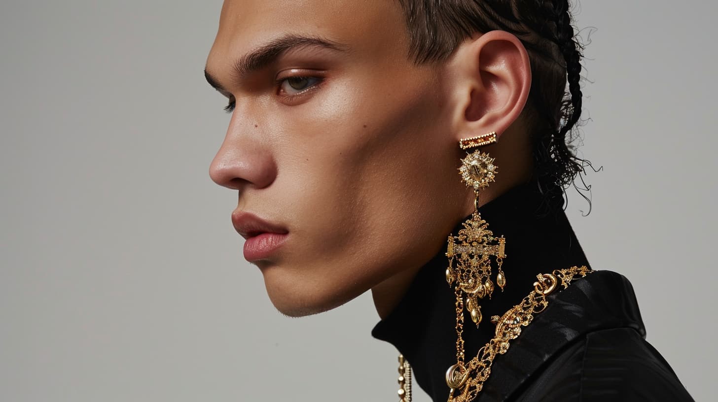 A man in a black outfit featuring elaborate gold earrings and layered necklaces, embodying the trend of unisex jewelry and gender fluid fashion.