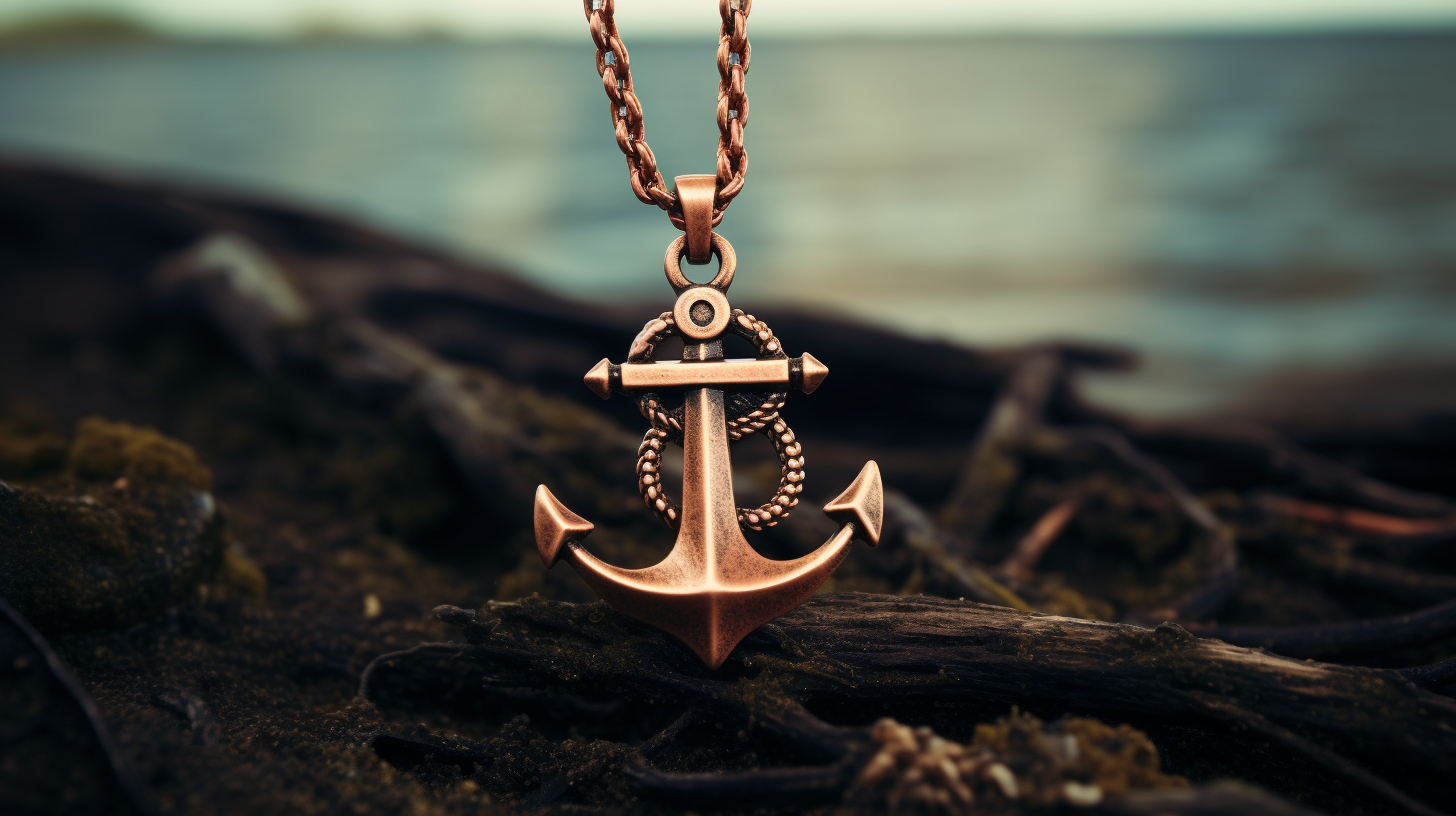 Copper-tone anchor pendant suspended on a braided chain, resting on driftwood against a seascape backdrop, evoking stability and hope.