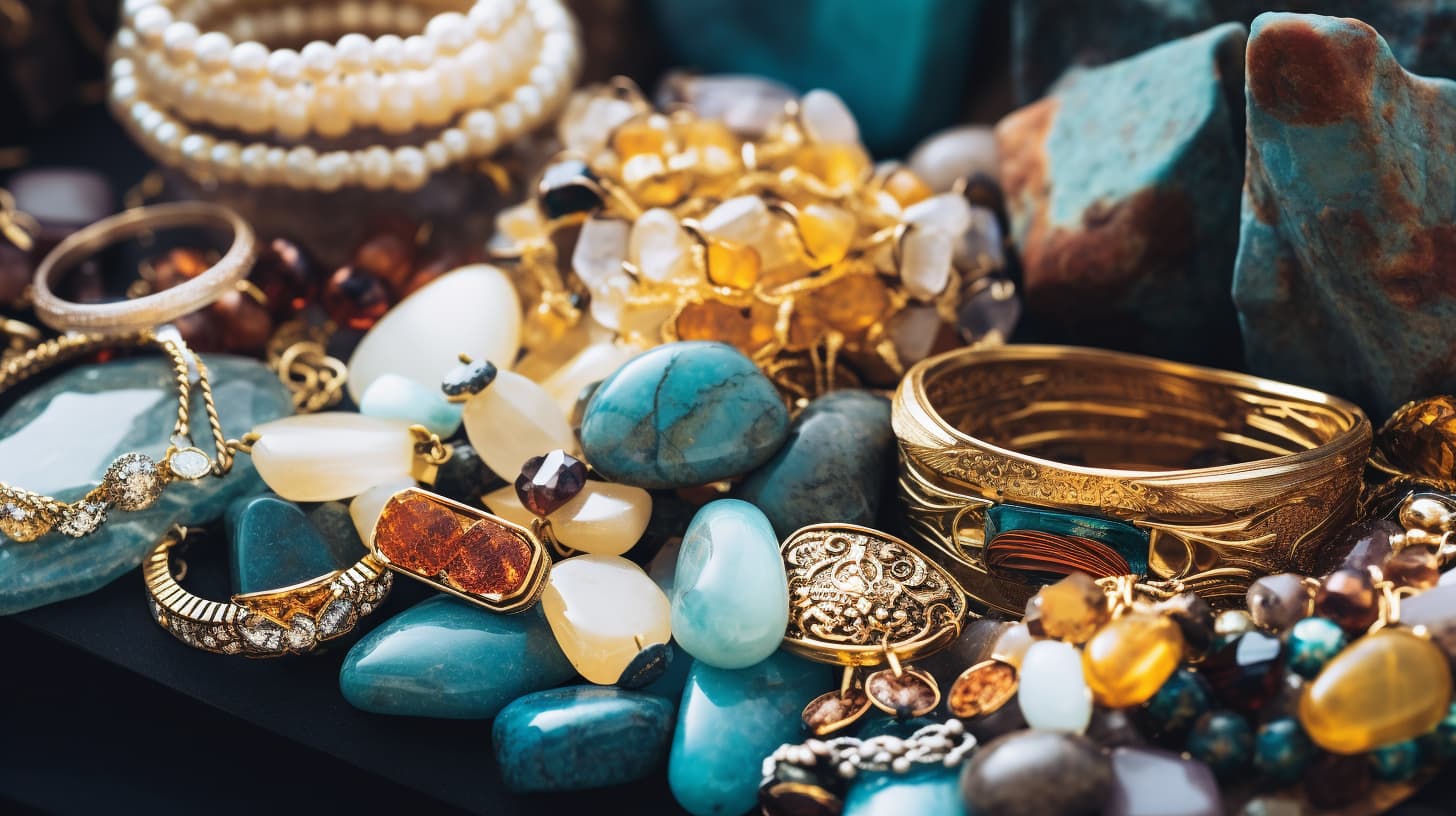 A diverse collection of vintage jewelry, including pearl necklaces, gold bracelets, and gemstone rings, showcasing the unique appeal of pre-owned pieces that offer modern women a touch of historical elegance, personal style, and sustainable fashion.