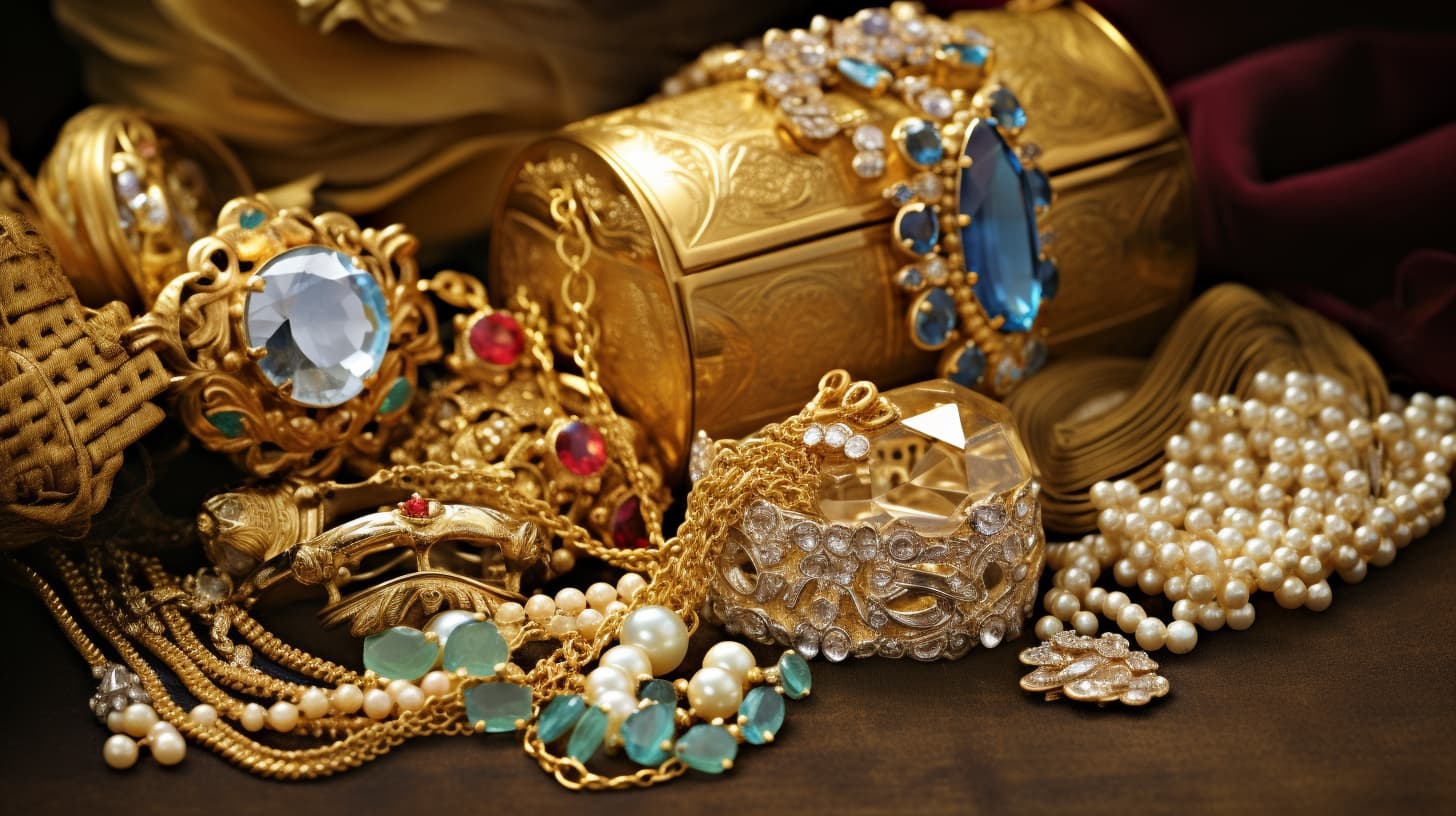 An exquisite collection of vintage jewelry, showcasing the potential for appreciation in value over time. Pieces include intricate gold designs, pearl necklaces, and gemstone-encrusted brooches, suggesting both the timeless appeal and the investment potential of antique and vintage jewelry.