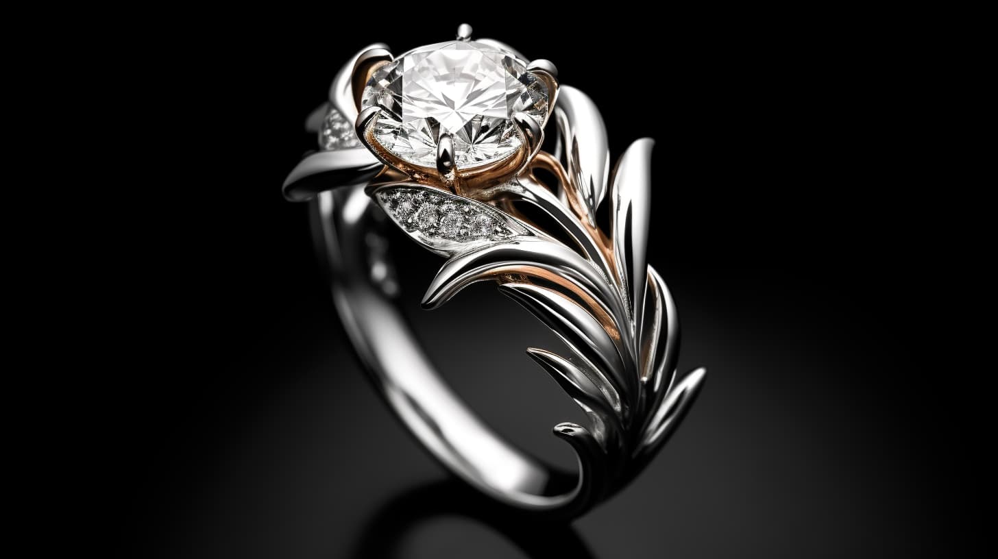 An exquisite fusion of timeless elegance and modern design, this wedding or engagement ring features a central diamond cradled by graceful, flowing metalwork. Its seamless band, a symbol of infinity, reflects the perpetual bond of love, while the ornate, leaf-like flourishes suggest growth and renewal. This piece is a testament to enduring commitment, artfully balancing tradition with contemporary flair.