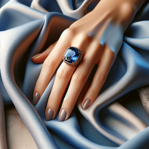 A close-up image of a woman's hand elegantly displaying a large statement sapphire ring.