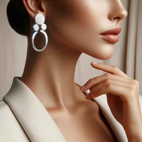 The earrings feature a unique, contemporary design, enhancing her minimalist yet chic outfit.