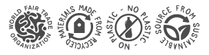 Four logos showing the product is from sustainable sources, made with recycled materials, contains no plastic and is recognised by the World Fair Trade Organisation