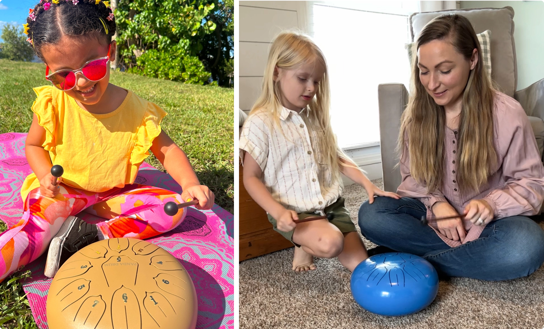 Side-by-side photos of girls playing instruments: left with tongue drum, right with handpan.