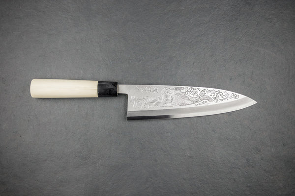 Sakai Takayuki Kasumitogi Buffalo Tsuba Engraving Art Japanese Chef's Deba  Knife 240mm Maiko-to-Sakura(Geisha & Cherry Blossoms)