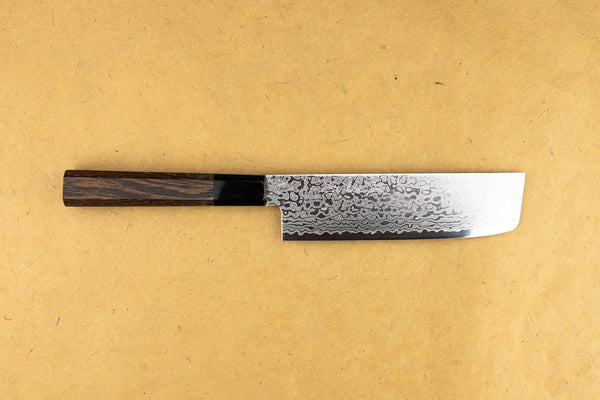 Harukaze Nakiri (Vegetable Knife) Powdered HSS R2 Damascus with Walnut Handle, 165mm