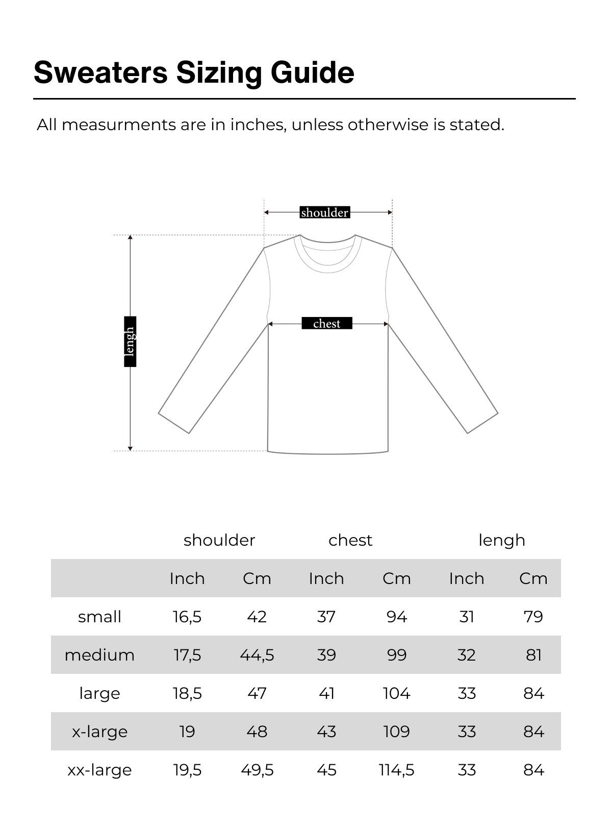 sweater size chart