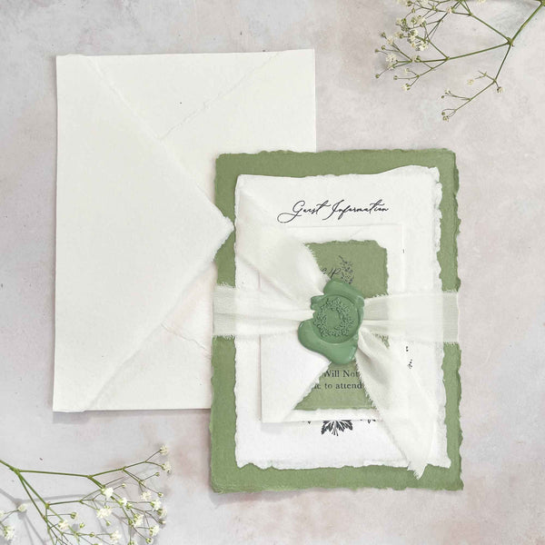 eco friendly wedding invitation design by Imagine DIY.  Made with Sage Green Handmade Card, Silk Ribbon and a Wax Seal