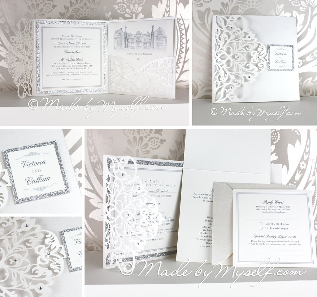 handmade wedding invitation in white and silver.  Pretty personalised wedding invitation in laser cut pocket with glitter details