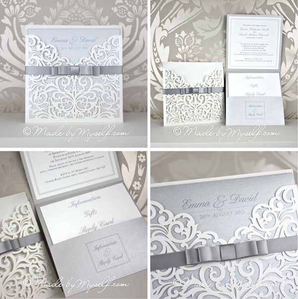 hand made wedding invitations in silver and white.  White laser cut invitation pocket with silver bow