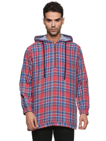 Men Red Checkered Regular Fit Full Sleeve Hoodie Shirt