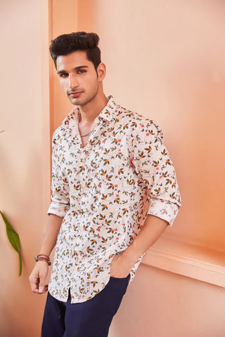 Men Cream Floral Print Slim Fit Casual Shirt for Men