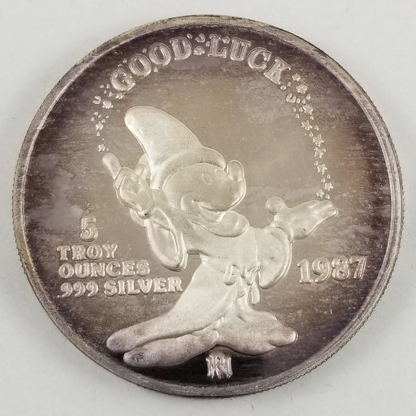 1987 Disney Mickey's Magic Good Luck Coin 5 Troy oz .999 Silver COA ...