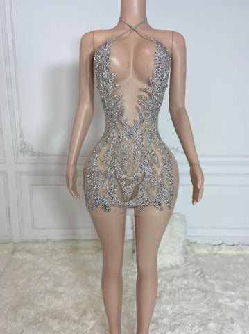 Silver Low Cut With Flame Rhinestones Mini Dress