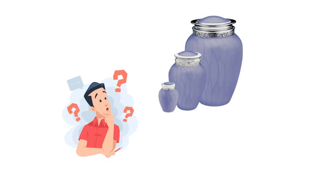 Confused man looking at 3 differently sized urns