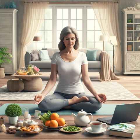 Image d'une femme d'âge moyen pratiquant le yoga dans un salon paisible, entourée d'un décor calmant et d'une table avec des aliments sains comme des fruits et des tisanes.