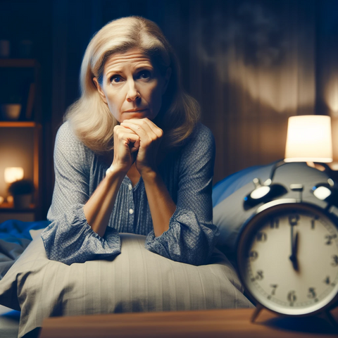 Image d'une femme d'âge moyen éprouvant des difficultés à dormir pendant la post-ménopause, assise dans son lit avec une expression préoccupée, dans une chambre faiblement éclairée.