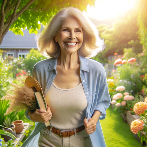 Image d'une femme post-ménopausée rayonnante, se promenant dans un jardin vibrant, vêtue de vêtements décontractés et tenant un livre et un chapeau, symbolisant une journée de détente dans la nature.